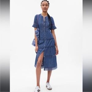 GAP LOVESHACKFANCY Denim Midi Dress with Lace Details EUC